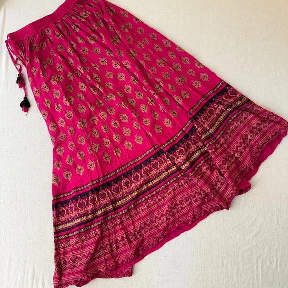 Easybuy Fuchsia Pink Gold Block Print Tassel Maxi Skirt Womens XL Boho Rayon - Picture 8 of 8